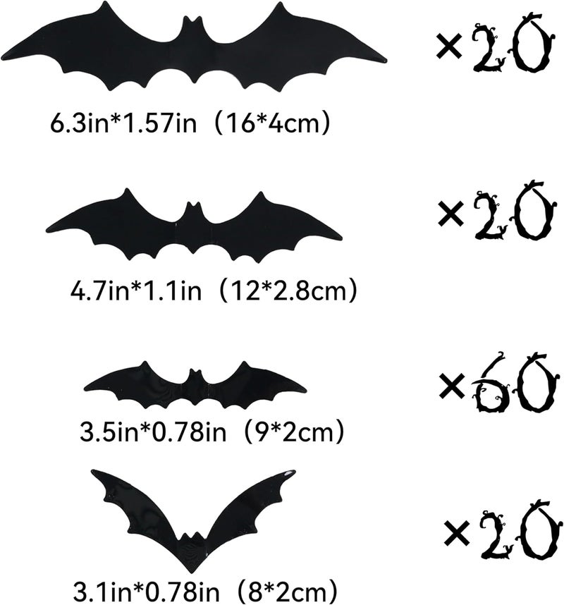 Bobobag 120 Pcs 3D Bats Halloween Decorations,Halloween Wall Decor 4 Sizes Black Bats Sticker for Wall Window - Image 2